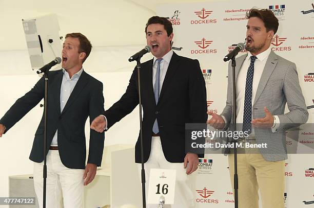 Humphrey Berney, Ollie Baines and Stephen Bowman perform during the Flannels for Heroes charity cricket match and garden party hosted by menswear...