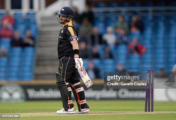 Aaron Finch of Yorkshire reacts after being bowled by Jake Ball of Nottinghamshire during the NatWest T20 Blast match between Yorkshire and...