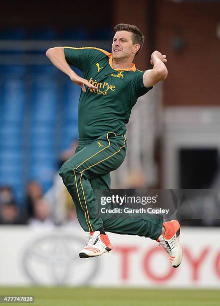 Harry Gurney of Nottinghamshire bowls during the NatWest T20 Blast match between Yorkshire and Nottinghamshire at Headingley on June 19, 2015 in...