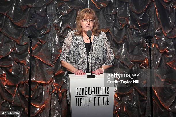 Linda Moran speaks during the Songwriters Hall Of Fame 46th Annual Induction And Awards at Marriott Marquis Hotel on June 18, 2015 in New York City.