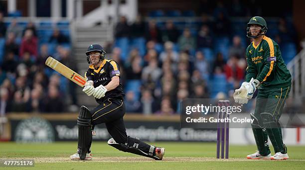 Andy Hodd of Yorkshire hits out for six runs during the NatWest T20 Blast match between Yorkshire and Nottinghamshire at Headingley on June 19, 2015...