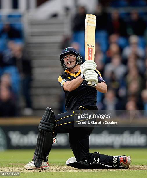 Andy Hodd of Yorkshire hits out for six runs during the NatWest T20 Blast match between Yorkshire and Nottinghamshire at Headingley on June 19, 2015...