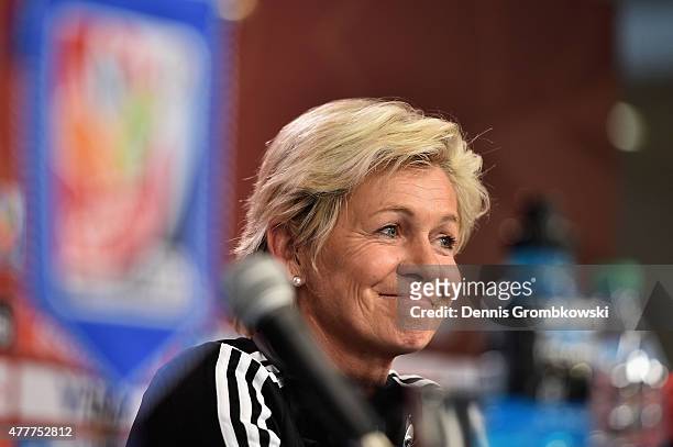 Head coach Silvia Neid of Germany reacts during a press conference at Lansdowne Stadium on June 19, 2015 in Ottawa, Canada.