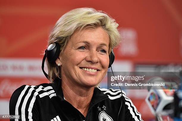 Head coach Silvia Neid of Germany reacts during a press conference at Lansdowne Stadium on June 19, 2015 in Ottawa, Canada.