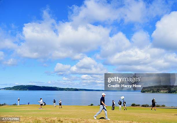 Jordan Spieth of the United States walks across the 16th hole during the second round of the 115th U.S. Open Championship at Chambers Bay on June 19,...