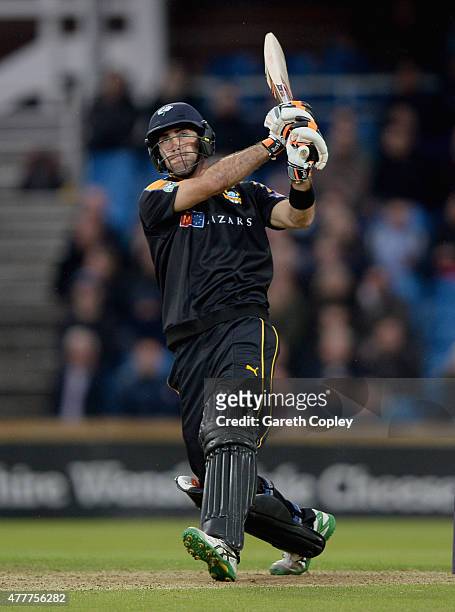 Glenn Maxwell of Yorkshire hits out for six runs during the NatWest T20 Blast match between Yorkshire and Nottinghamshire at Headingley on June 19,...