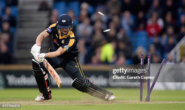 Gary Ballance of Yorkshire is bowled by Harry Gurney of Nottinghamshire during the NatWest T20 Blast match between Yorkshire and Nottinghamshire at...