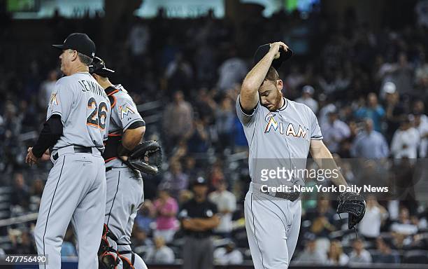 Miami Marlins relief pitcher Sam Dyson pulled 8th inning, New York Yankees vs. Miami Marlins at Yankee Stadium, Thursday June 18, 2015.