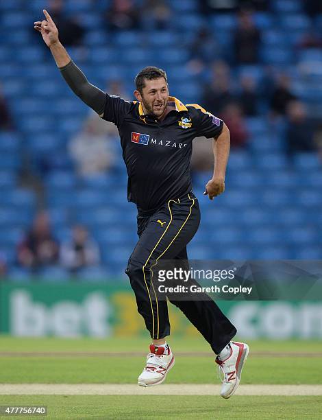 Tim Bresnan of Yorkshire celebrates dismissing Riki Wessels of Nottinghamshire during the NatWest T20 Blast match between Yorkshire and...