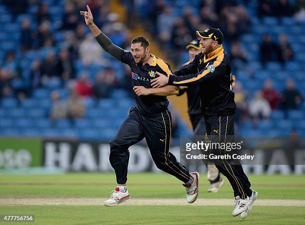 Tim Bresnan of Yorkshire celebrates with Andrew Gale after dismissing Riki Wessels of Nottinghamshire during the NatWest T20 Blast match between...