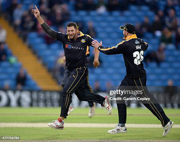 Tim Bresnan of Yorkshire celebrates with Andrew Gale after dismissing Riki Wessels of Nottinghamshire during the NatWest T20 Blast match between...