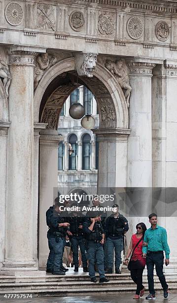 Police block an area in Saint Mark's ahead of the visit of First Lady Michelle Obama and her daughters on June 19, 2015 in Venice, Italy. Michelle...