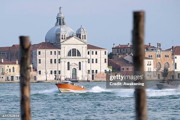 First Lady Michelle Obama and her daughters arrives on a Police boat to the Doge Palace on June 19, 2015 in Venice, Italy. Michelle Obama has...