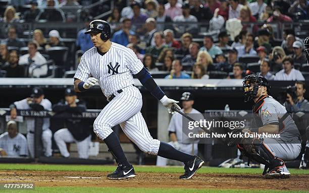 New York Yankees designated hitter Alex Rodriguez single, his 2999th hit, 5th inning, New York Yankees vs. Miami Marlins at Yankee Stadium, Thursday...