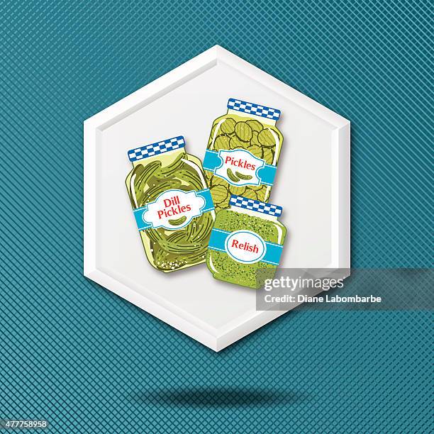 white 3d hexagon icon on a blue crosshatch background - relish stock illustrations