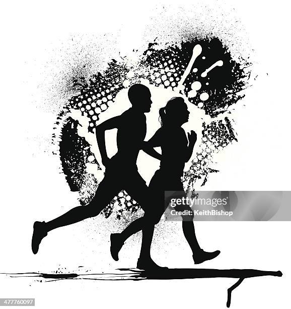 interracial paar joggen mit grunge hintergrund - langstreckenlauf stock-grafiken, -clipart, -cartoons und -symbole