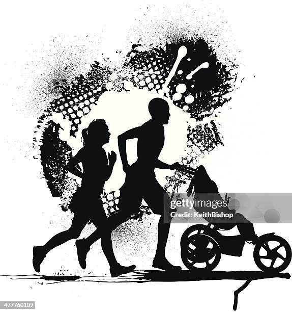 interracial couple jogging with baby - family with young adults diversity stock illustrations