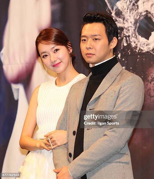 So E-Hyun and Park Yoo-Chun of JYJ attend the SBS drama 'Three Days' press conference at Imperial Palace on February 26, 2014 in Seoul, South Korea.