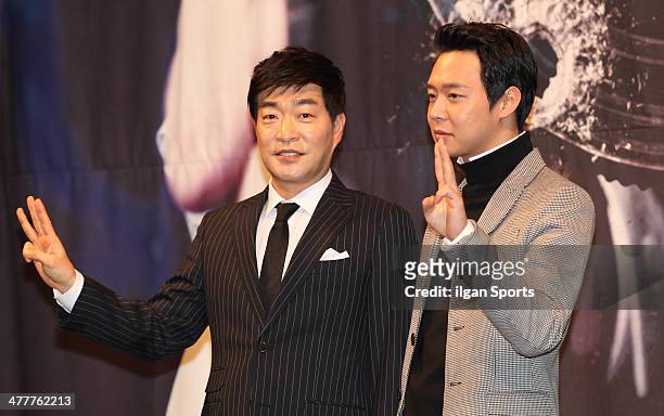 Son Hyun-Joo and Park Yoo-Chun of JYJ attend the SBS drama 'Three Days' press conference at Imperial Palace on February 26, 2014 in Seoul, South...