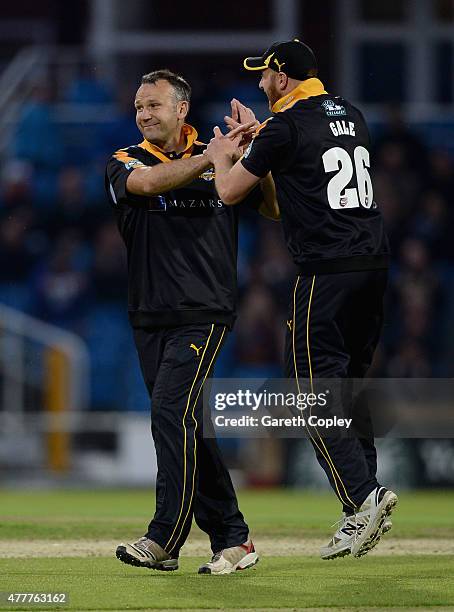 James Middlebrook of Yorkshire celebrates dismissing Daniel Christian of Nottinghamshire during the NatWest T20 Blast match between Yorkshire and...