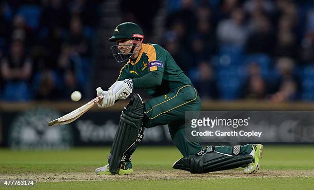James Taylor of Nottinghamshire bats during the NatWest T20 Blast match between Yorkshire and Nottinghamshire at Headingley on June 19, 2015 in...