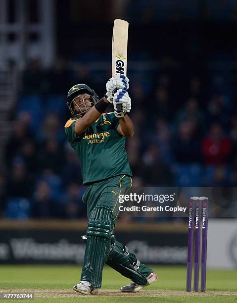 Samit Patel of Nottinghamshire hits out for six runs during the NatWest T20 Blast match between Yorkshire and Nottinghamshire at Headingley on June...