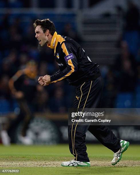 Glenn Maxwell of Yorkshire celebrates dismissing Steven Mullaney of Nottinghamshire during the NatWest T20 Blast match between Yorkshire and...