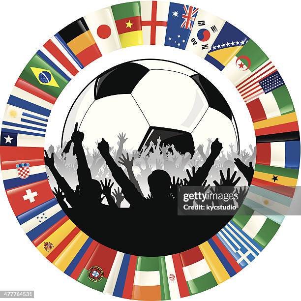 サッカーボール、喜びのファン、サークルの旗 - スポーツ観戦　日本点のイラスト素材／クリップアート素材／マンガ素材／アイコン素材