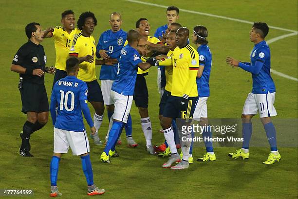 Neymar of Brazil argue with players of Colombia during the 2015 Copa America Chile Group C match between Brazil and Colombia at Monumental David...