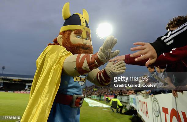 The Yorkshire Viking mascot greets fans during the NatWest T20 Blast match between Yorkshire and Nottinghamshire at Headingley on June 19, 2015 in...