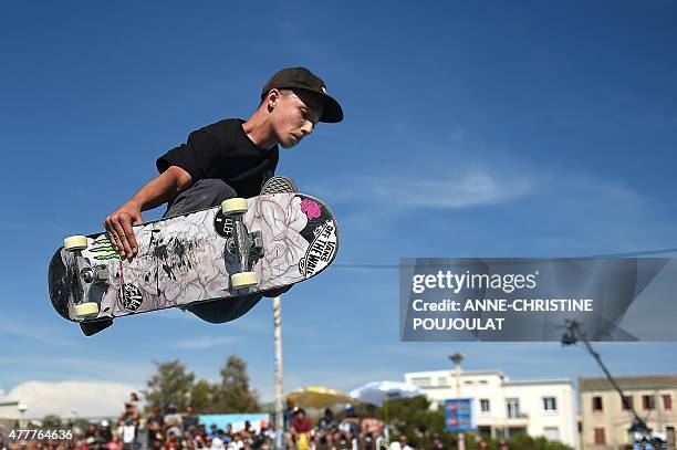 French skater Robin Bolian takes part in qualifying rounds of the French stage of the World Cup Skateboarding ISU during the Sosh Freestyle Cup, June...