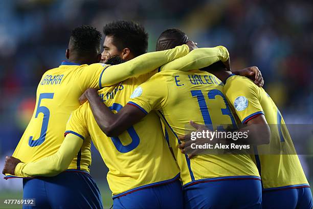 Miller Bolaños of Ecuador celebrates with teammates after scoring the opening goal during the 2015 Copa America Chile Group A match between Mexico...