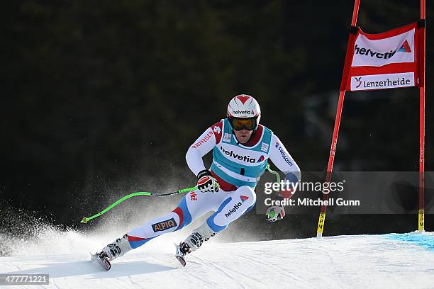 Sandro Viletta of Switzerland competes in the Audi FIS Alpine Skiing World Cup Finals men's downhill training on March 11, 2014 in Lenzerheide,...