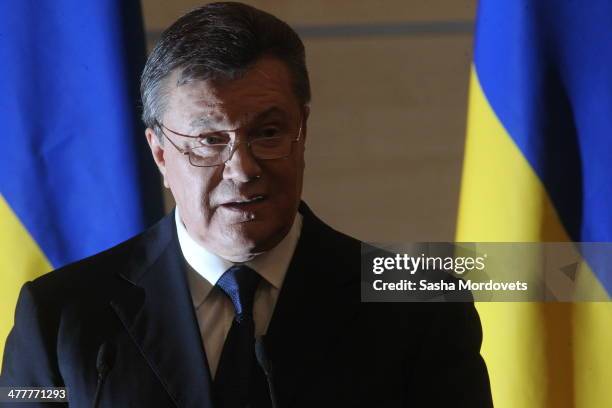 Ousted Ukrainian President Vikor Yanukovych holds a press conference on March 11, 2014 in Rostov-on-Don, Russia. Yanukovych insisted that he was...