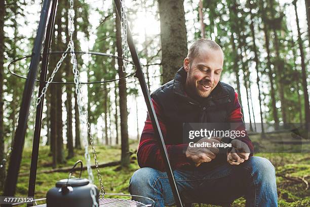 man outdoors in the woods - portrait of a camper stock pictures, royalty-free photos & images