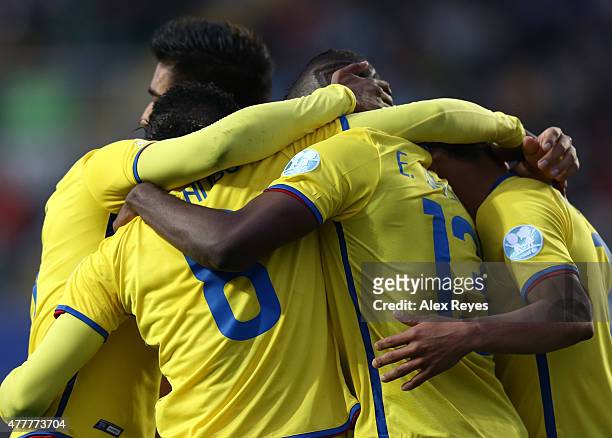 Miller Bolaños of Ecuador celebrates with teammates after scoring the opening goal during the 2015 Copa America Chile Group A match between Mexico...