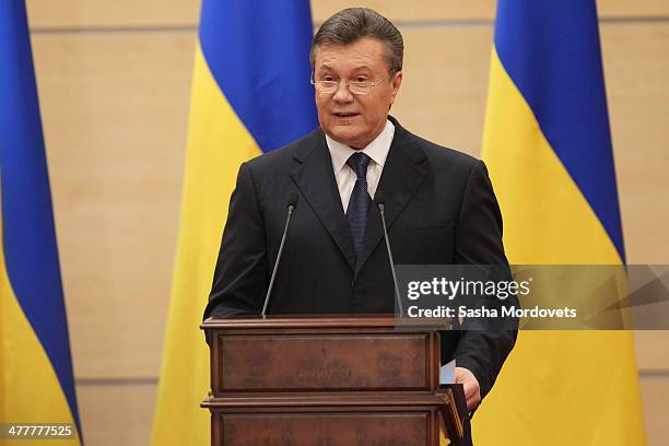 Ousted Ukrainian President Vikor Yanukovych holds a press conference on March 11, 2014 in Rostov-on-Don, Russia. Yanukovych insisted that he was...