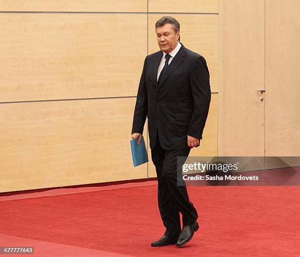 Ousted Ukrainian President Vikor Yanukovych holds a press conference on March 11, 2014 in Rostov-on-Don, Russia. Yanukovych insisted that he was...