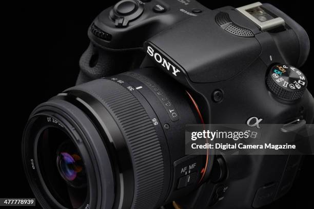 Detail of a Sony Alpha 58 DSLR camera photographed on a black background, taken on May 21, 2012.
