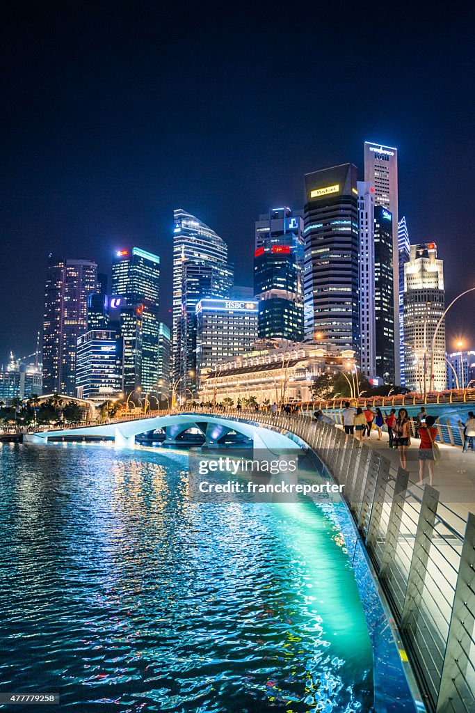 Skyline of the Singapore downtown at night from the marina