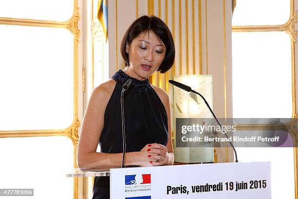 French minister of Culture and Communication Fleur Pellerin gives Medal of 'Knight of Arts and Letters' to French Designer Alexis Mabille and Singers...