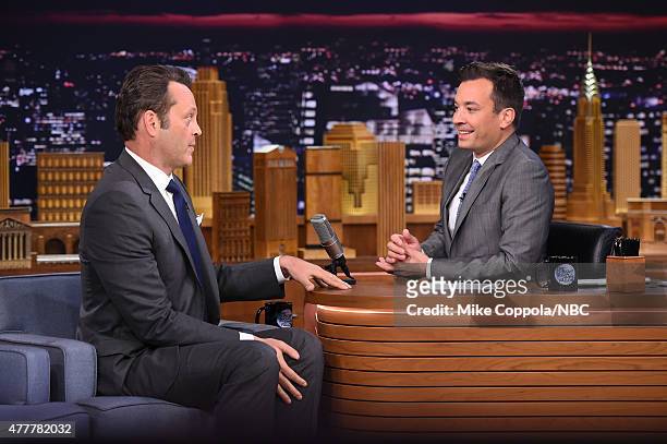 Actor Vince Vaughn is interviewed by Jimmy Fallon as he visits "The Tonight Show Starring Jimmy Fallon"at Rockefeller Center on June 19, 2015 in New...