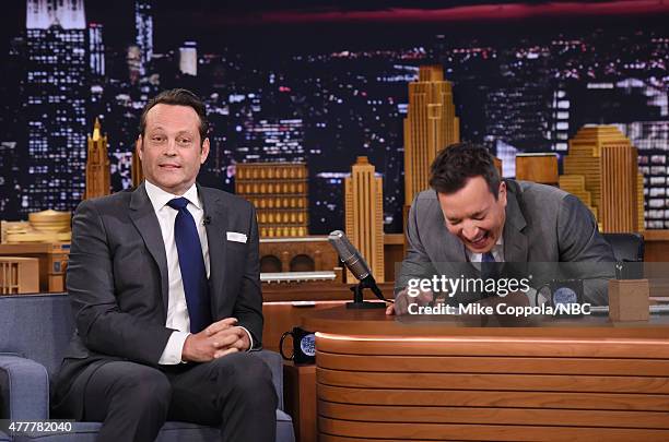 Actor Vince Vaughn is interviewed by Jimmy Fallon as he visits "The Tonight Show Starring Jimmy Fallon"at Rockefeller Center on June 19, 2015 in New...