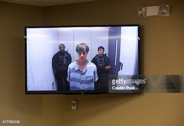 In this image from the video uplink from the detention center to the courtroom, Dylann Roof appears at Centralized Bond Hearing Court June 19, 2015...
