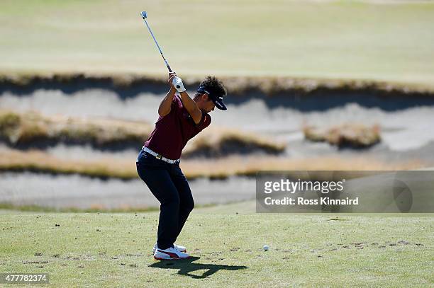 Hiroyuki Fujita of Japan hits his tee shot on the 15th hole during the second round of the 115th U.S. Open Championship at Chambers Bay on June 19,...