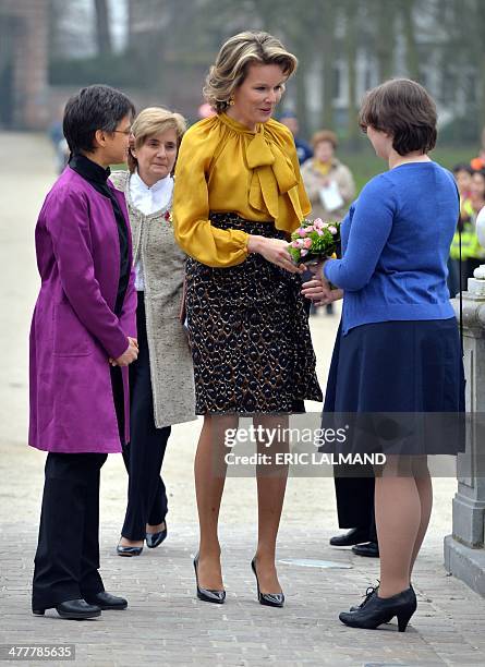 Antwerp province governor Cathy Berx and Queen Mathilde of Belgium meet with leading women from various sectors in the Antwerp province, on March 11...