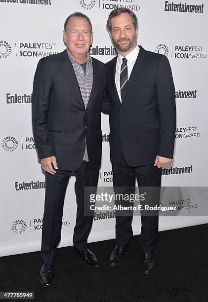 Actor Gary Shandling and writer Judd Apatow attend The Paley Center For Media's 2014 PaleyFest Icon Award announcement at The Paley Center for Media...