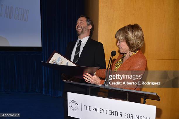 President & CEO of The Paley Center For Media, Pat Mitchell and writer Judd Apatow attend The Paley Center For Media's 2014 PaleyFest Icon Award...