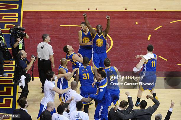 The Golden State Warriors celebrate winning the Larry O'Brein Trophy after Game Six of the 2015 NBA Finals against the Cleveland Cavaliers at The...