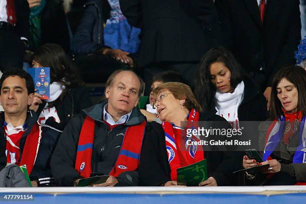 Michelle Bachelet, President of Chile , talks with Patricio Walker Prieto, Chilean senator prior to the 2015 Copa America Chile Group A match between...